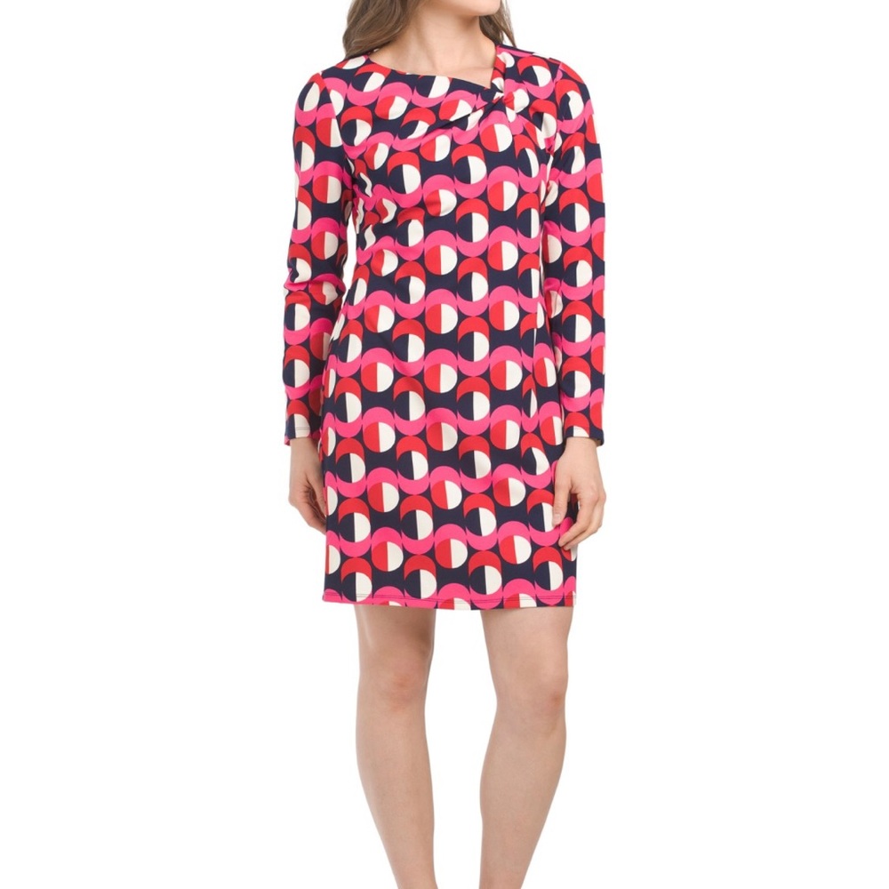 LONDON TIMES Side Knot Asymmetrical Neck Shift Dress Navy/Red | 10